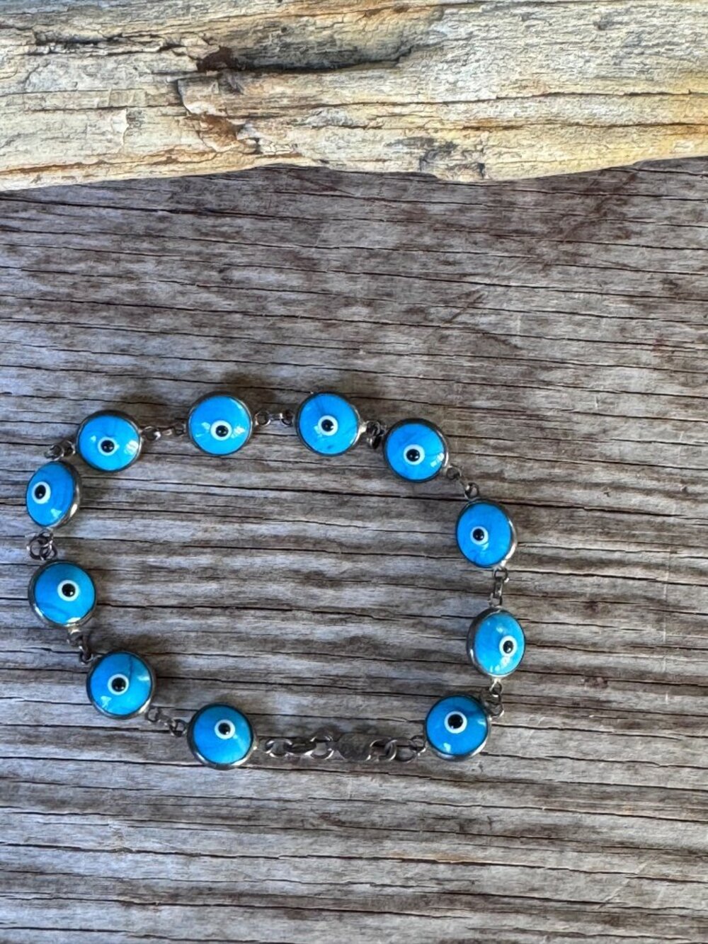 925 Sterling Silver Blue Evil Eye Bracelet Nazar Glass Link 7.5” 9.21g Charm